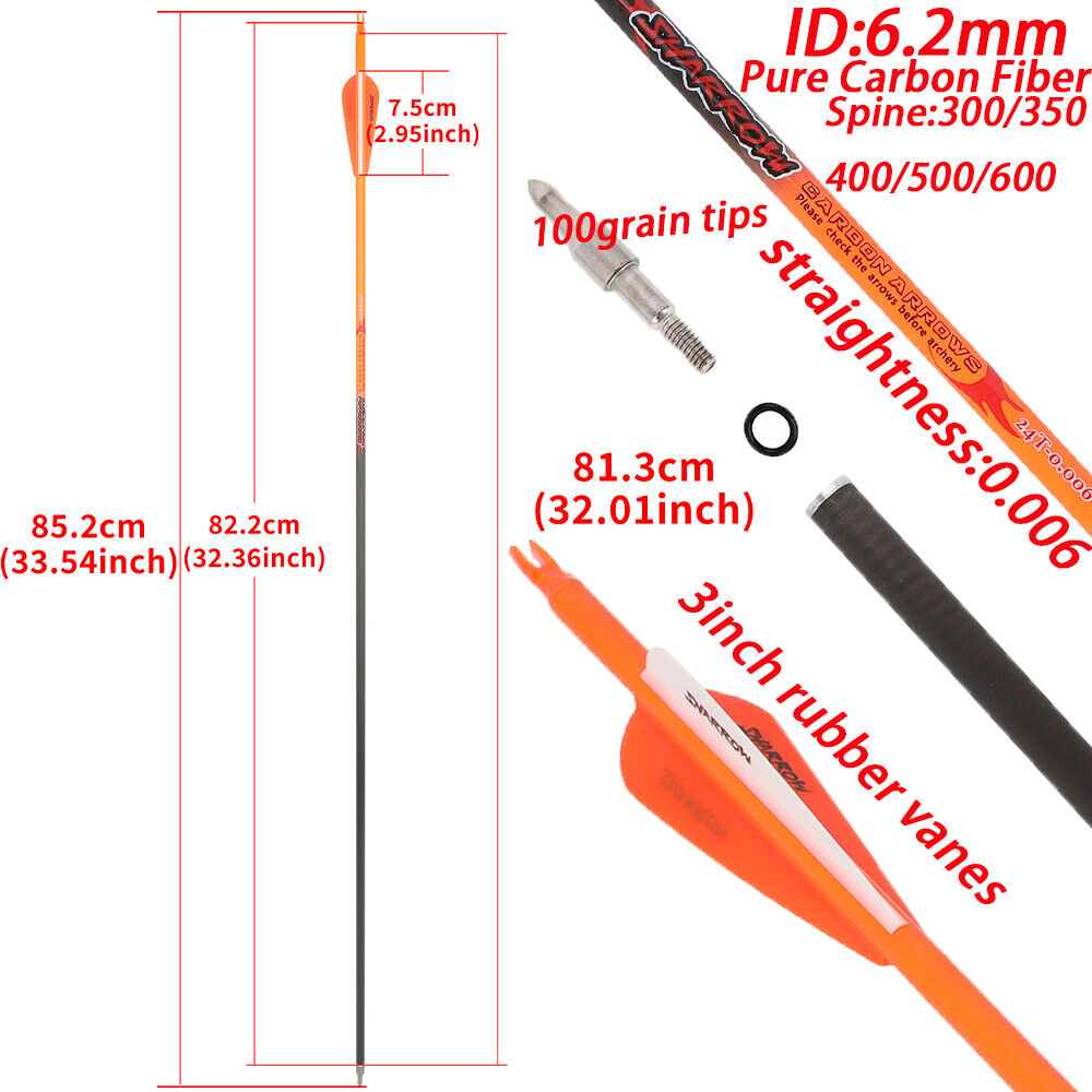 12pcs 32 inch pure carbon arrow SP300-600 blade ID6.2mm recurve bow shooting hunting